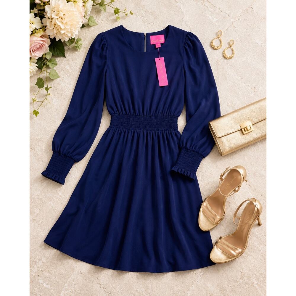Lilly Pulitzer Lorella Dress 14 Navy Long Sleeve Smocked Waist Wedding Guest